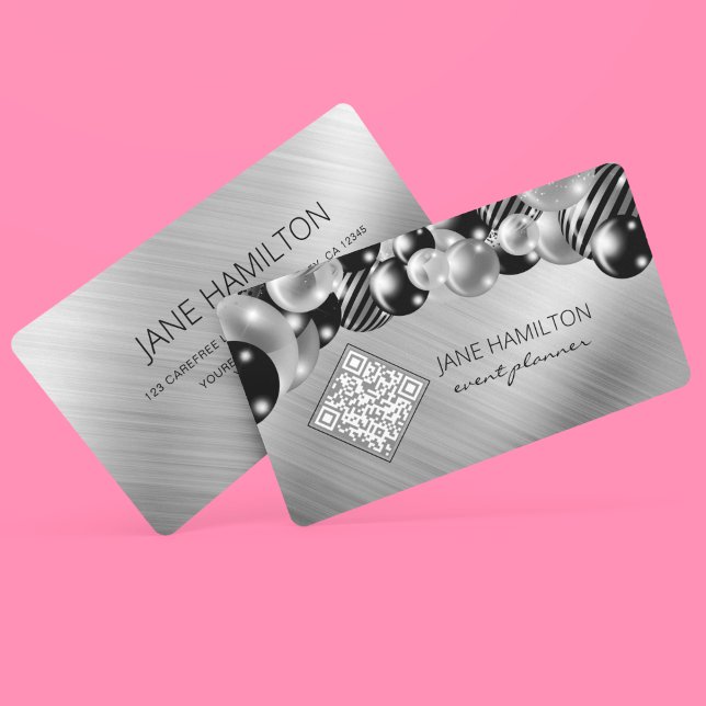 QR Code Elegant Balloons Silver Visitenkarte (Von Creator hochgeladen)