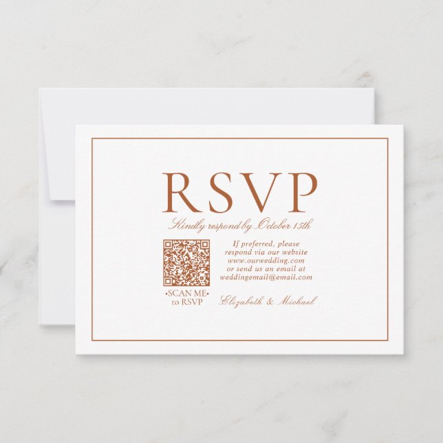 QR Code Elegant Burnt Orange Classic Script RSVP Karte (Vorderseite)