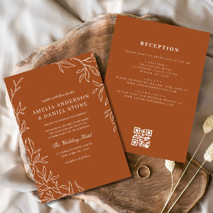 QR Code Elegant Burnt Orange Minimal Leaf Hochzeit Einladung