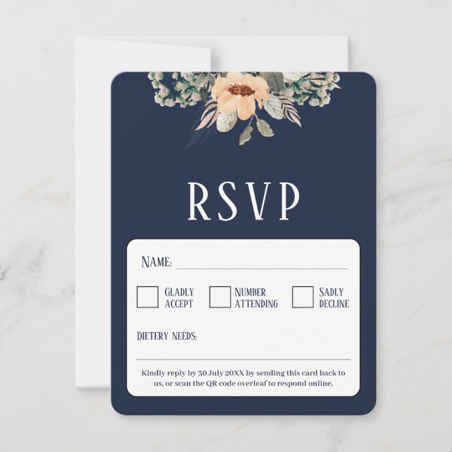 QR Code elegant, dunkelblau RSVP Karte (Vorderseite)