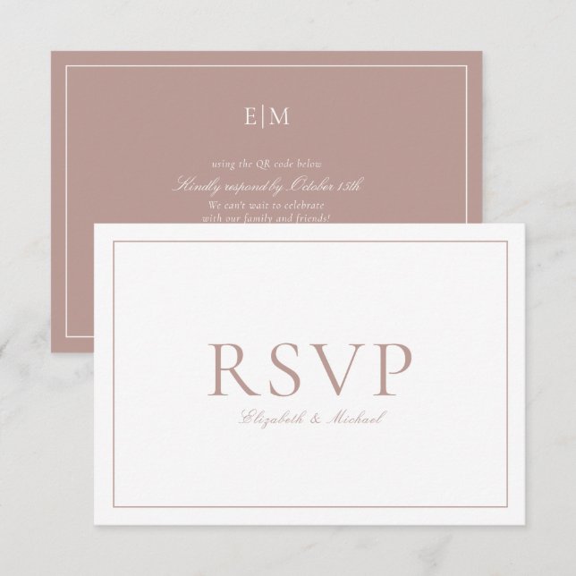 QR-Code Elegant Dusty Rose Monogram Wedding RSVP Karte (Vorne/Hinten)