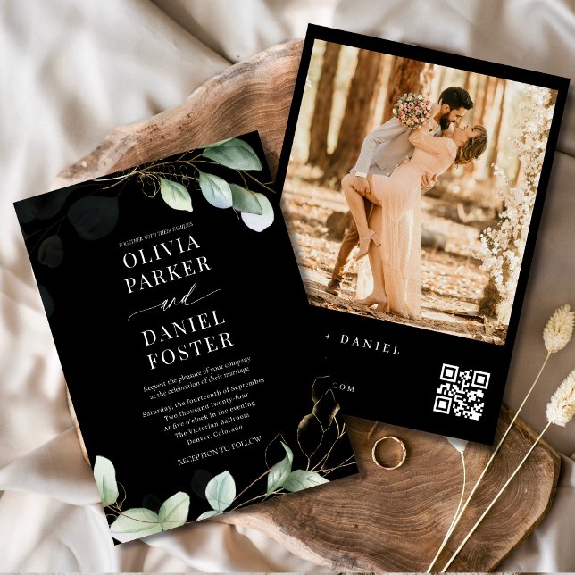 QR Code Elegant Eukalyptus Black Foto Wedding Einladung (Von Creator hochgeladen)