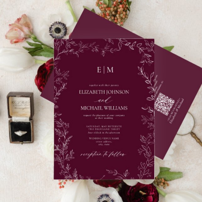 QR Code Elegant Leaf Burgundy Monogram Wedding Einladung (Von Creator hochgeladen)