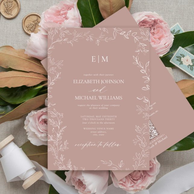 QR Code Elegant Leaf Dusty Rose Monogram Wedding Einladung (Von Creator hochgeladen)