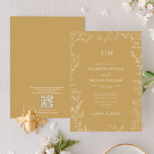 QR Code Elegant Leaf Gold Monogram Wedding Einladung