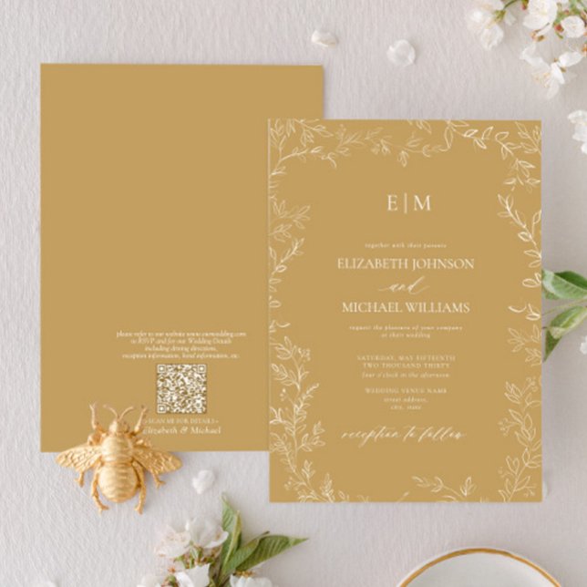QR Code Elegant Leaf Gold Monogram Wedding Einladung (Von Creator hochgeladen)