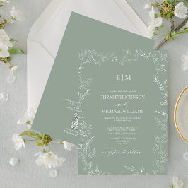 QR Code Elegant Leaf Sage Green Monogram Wedding Einladung
