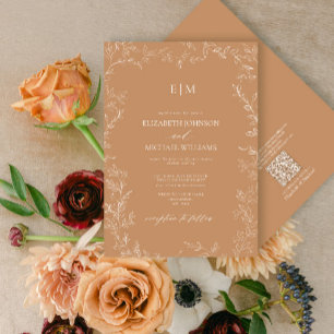 QR Code Elegant Leaf Terracotta Monogram Wedding Einladung