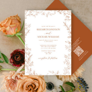 QR Code Elegant Minimal Leaf Burnt Orange Wedding Einladung