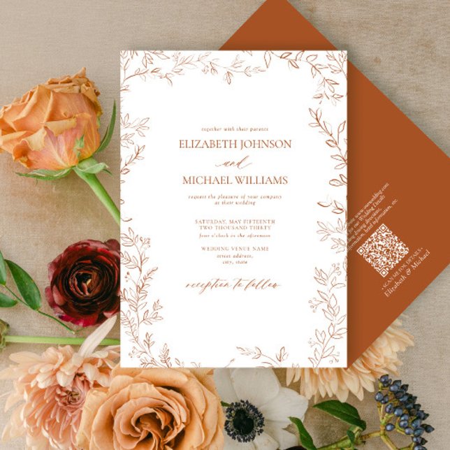 QR Code Elegant Minimal Leaf Burnt Orange Wedding Einladung (Von Creator hochgeladen)