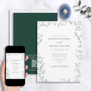 QR-Code Elegant Minimal Leaf Smaragdgrüne Hochzeit Einladung
