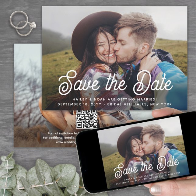 QR-Code Elegant Retro-Script Zwei-Foto Hochzeit Save The Date (Von Creator hochgeladen)