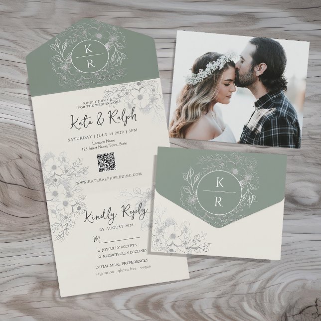 QR Code Elegant Sage Green Wedding All In One Einladung (Von Creator hochgeladen)