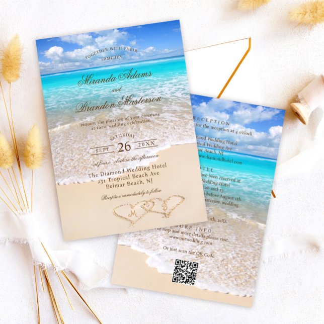 QR Code Elegant Tropical Beach Wedding All in One Einladung (Von Creator hochgeladen)