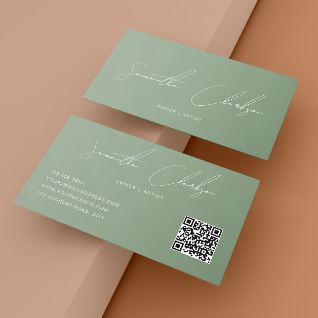QR-Code Elegant Voll Salbeigrün Handschrift-Script Visitenkarte (Von Creator hochgeladen)
