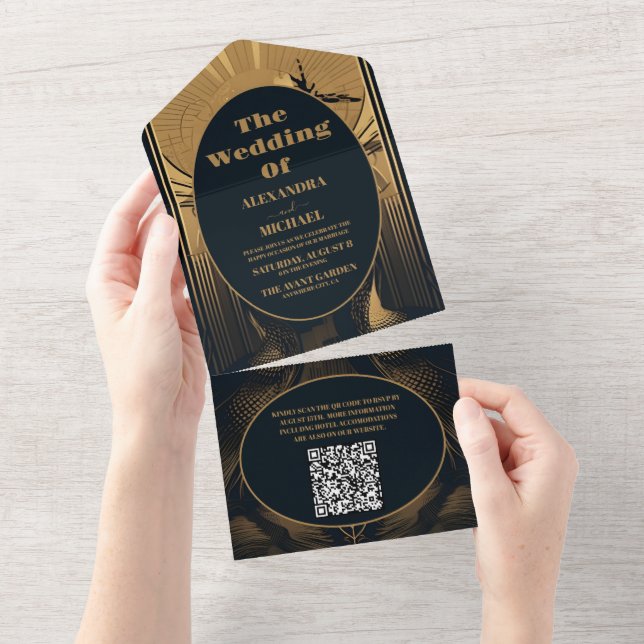 QR Code Elegante Art Deco All In One Einladung (Abreißen)
