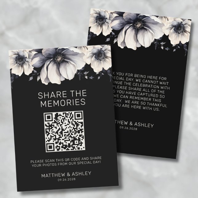 QR-Code Elegante Black Wedding Share-Fotos Begleitkarte (QR Code Elegant Black Floral Wedding Share Photos Enclosure Card)