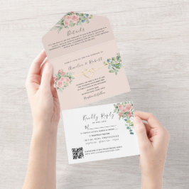 QR Code Elegante Blumenhochzeit All In One Einladung