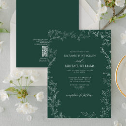 QR Code Elegante Emerald Green Minimal Leaf Hochze Einladung