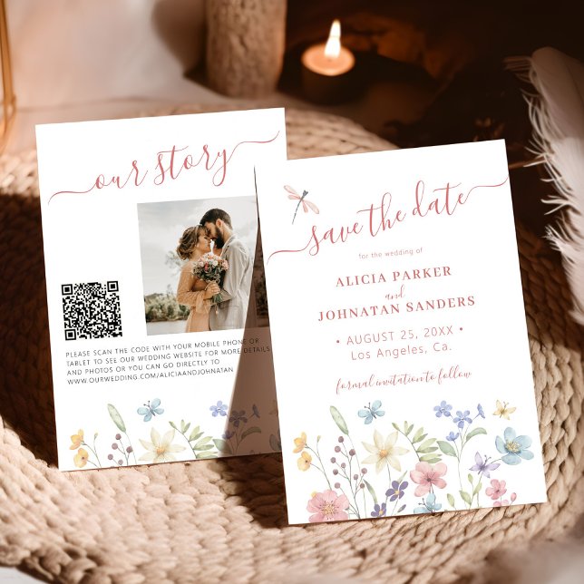 QR-Code elegante florale Wildblumen Foto Hochzeit Save The Date (Von Creator hochgeladen)