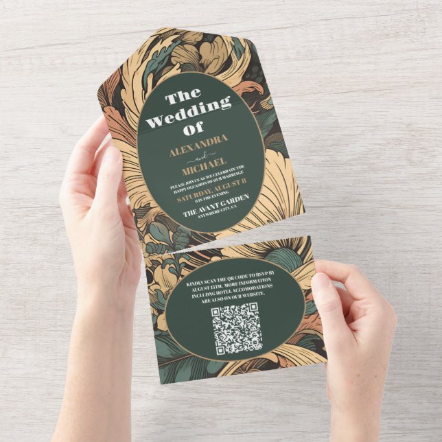 QR Code Elegante Hochzeit im Jugendstil All In One Einladung (Abreißen)