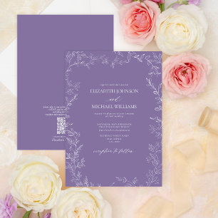 QR Code Elegante Lavender Minimal Leaf Hochzeit Einladung