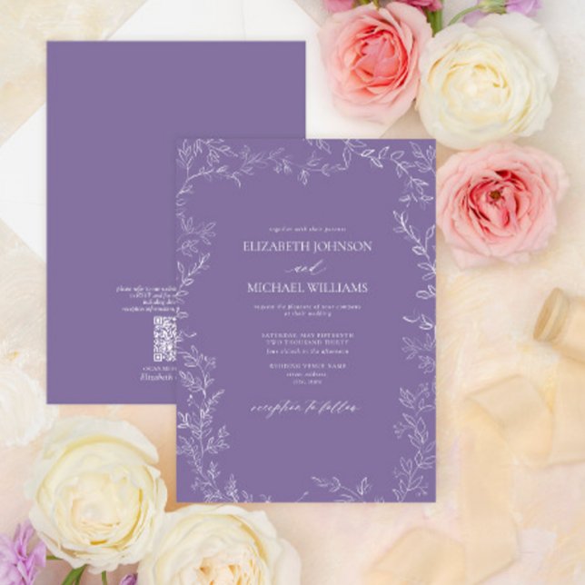 QR Code Elegante Lavender Minimal Leaf Hochzeit Einladung (Von Creator hochgeladen)