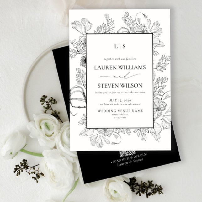 QR Code Elegante Monogram Black Floral Wedding Einladung (Von Creator hochgeladen)