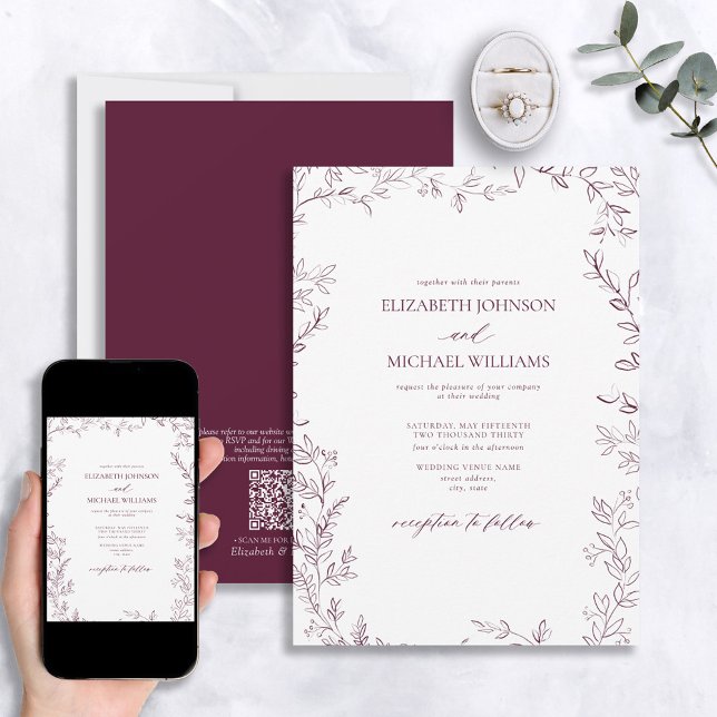 QR Code Eleganter Minimaler Leaf Burgundy Wedding Einladung (Von Creator hochgeladen)