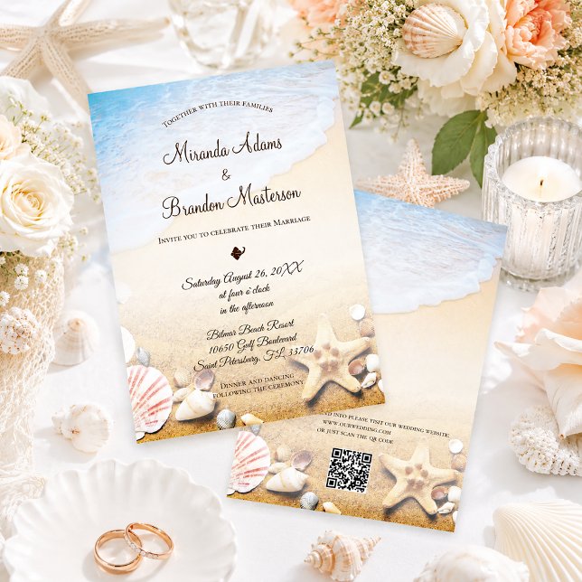 QR-Code Eleganter Moderner Seestern Strandhochzeit Einladung (Von Creator hochgeladen)
