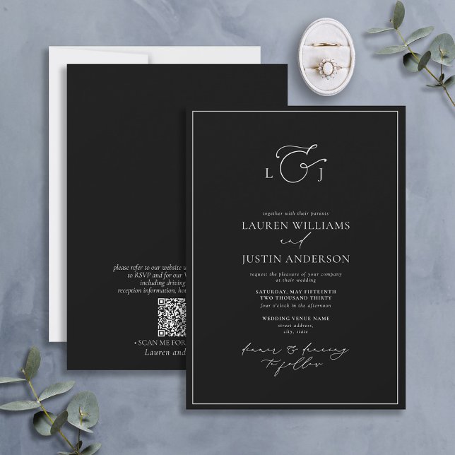 QR-Code Elegantes Monogramm Schwarz-weißer Kalligr Einladung (Von Creator hochgeladen)