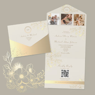 QR-Code Elfenbein Gold Blumenhochzeit All In One Einladung