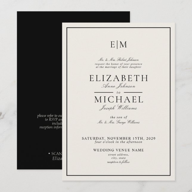 QR-Code Elfenbein-Schwarz Klassisches Monogramm Ho Einladung (Vorne/Hinten)