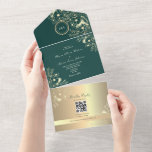 QR Code Emerald Gold Floral Wedding All In One Einladung<br><div class="desc">Elegant emerald green and gold all-in-one wedding invitation with floral design and monogram. This sophisticated invitation doubles as an envelope, featuring a built-in QR code for RSVP and a link to your wedding website. Perfect for modern couples who love timeless luxury with a touch of glamour. The rich emerald background...</div>