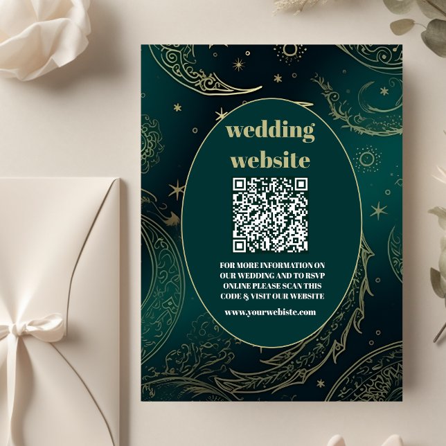 qr code Emerald Green Gold Celestial Wedding Begleitkarte (Von Creator hochgeladen)