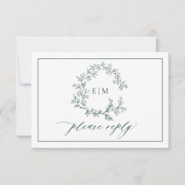 QR Code Emerald Green Leafy Wappen Monogram Weddin RSVP Karte