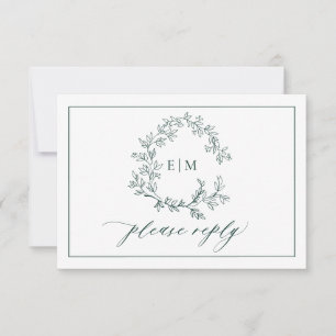 QR Code Emerald Green Leafy Wappen Monogram Weddin RSVP Karte