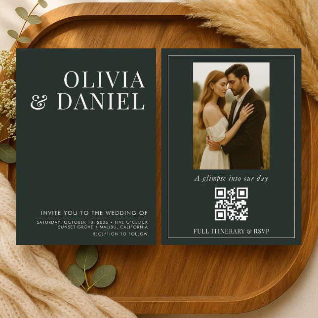 QR Code Emerald Green Minimalist Photo Wedding Einladung (Von Creator hochgeladen)