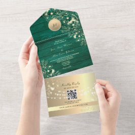 QR Code Emerald Rustic Gold Lights Wedding All In One Einladung