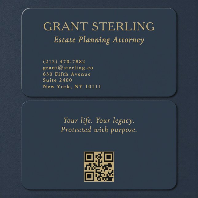 QR Code Estate Planning Attorney Navy Blue Gold  Visitenkarte (Von Creator hochgeladen)