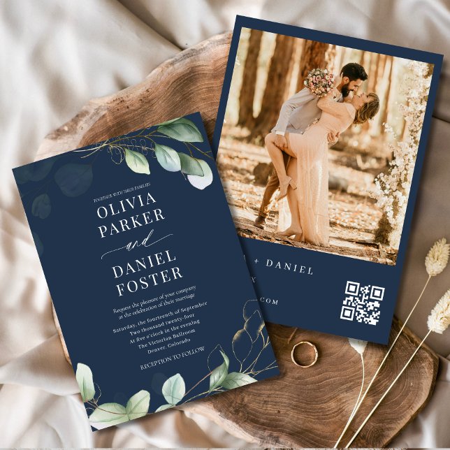 QR Code Eucalyptus Navy Blue Foto Wedding Einladung (Von Creator hochgeladen)