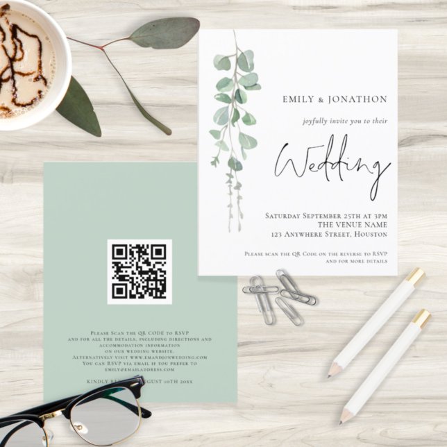QR Code Eucalyptus Wedding Einladung (Front and back view)