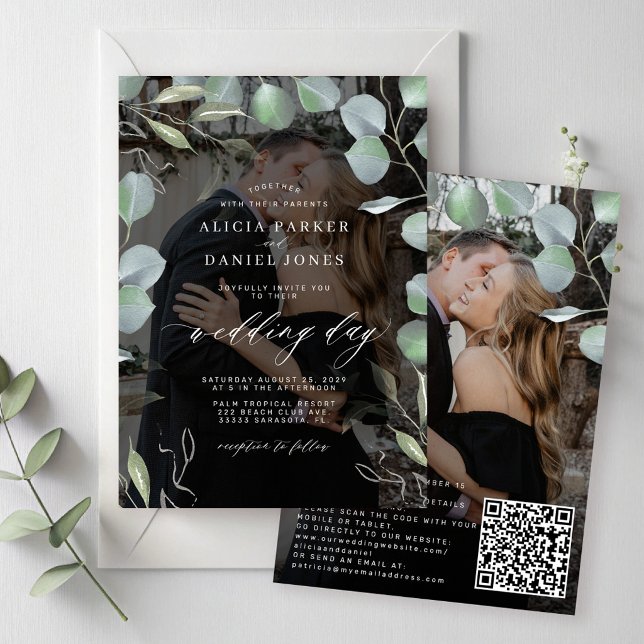 QR CODE Eukalyptus Foto Overlay Schwarze Hochzeit Einladung (Von Creator hochgeladen)