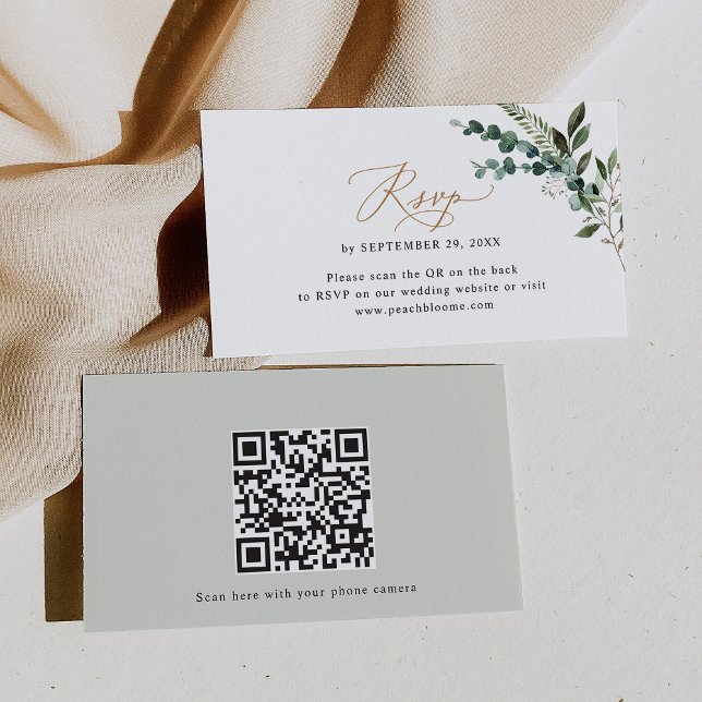 QR Code Eukalyptus Greenery Gold Wedding RSVP Card Visitenkarte (Von Creator hochgeladen)