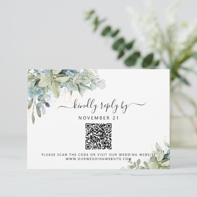 QR Code Eukalyptus Greenery Wedding RSVP Karte (Stehend Vorderseite)