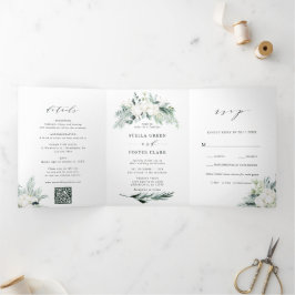 QR Code Evergreen & Cotton Blume Bouquet Wedding Dreifach Gefaltete Einladung