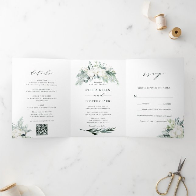 QR Code Evergreen & Cotton Blume Bouquet Wedding Dreifach Gefaltete Einladung (Innenseite)