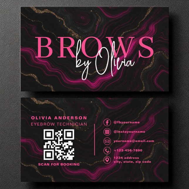 QR Code Eyebrows Brows Artist Pink Black Marble Visitenkarte (Von Creator hochgeladen)