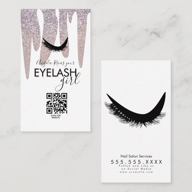 QR CODE Eyelash Girly Pink Glitzer Drift Visitenkarte (Vorne/Hinten)