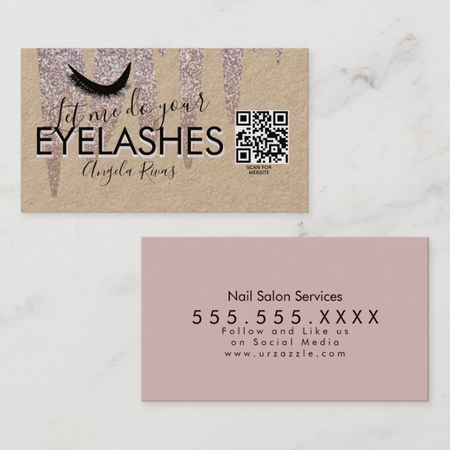QR CODE Eyelashes Rosa Glitzer Driving Rustic Visitenkarte (Vorne/Hinten)
